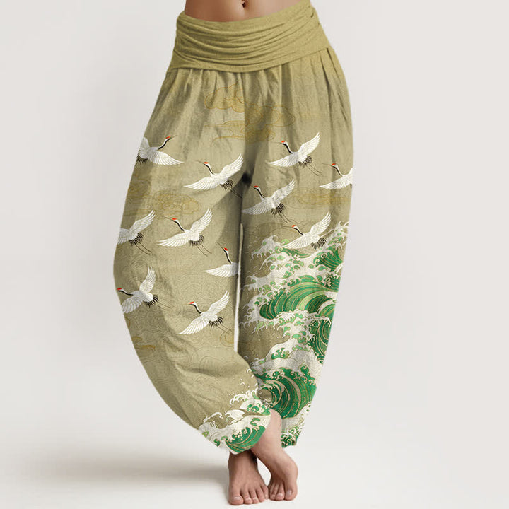 Buddha Stones Cotton White Crane Sea Wave Pattern Women's Elastic Waist Harem Pants - PaleGoldenrod - US16，UK/AU20，EU48 (3XL) - image 5