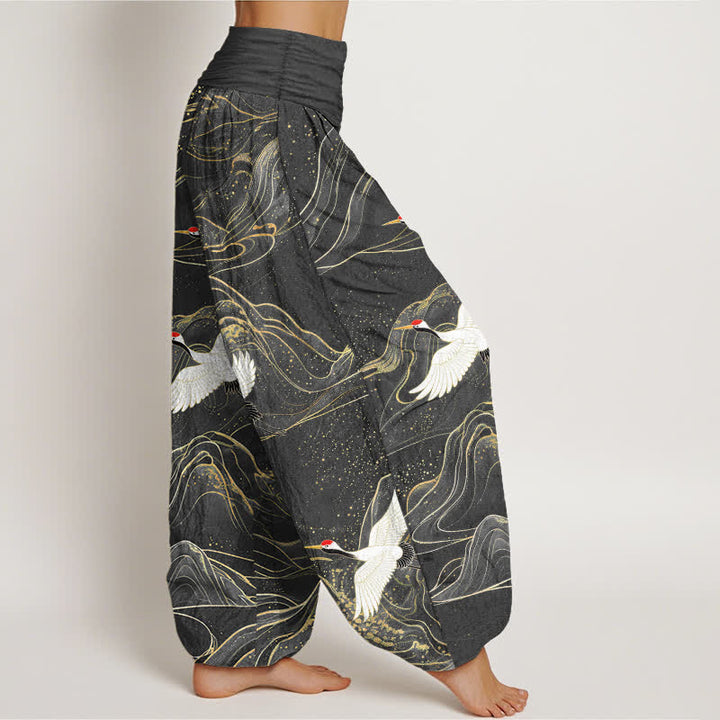 Buddha Stones Cotton Oriental Crane Mountain Pattern Women's Elastic Waist Harem Pants - image 6