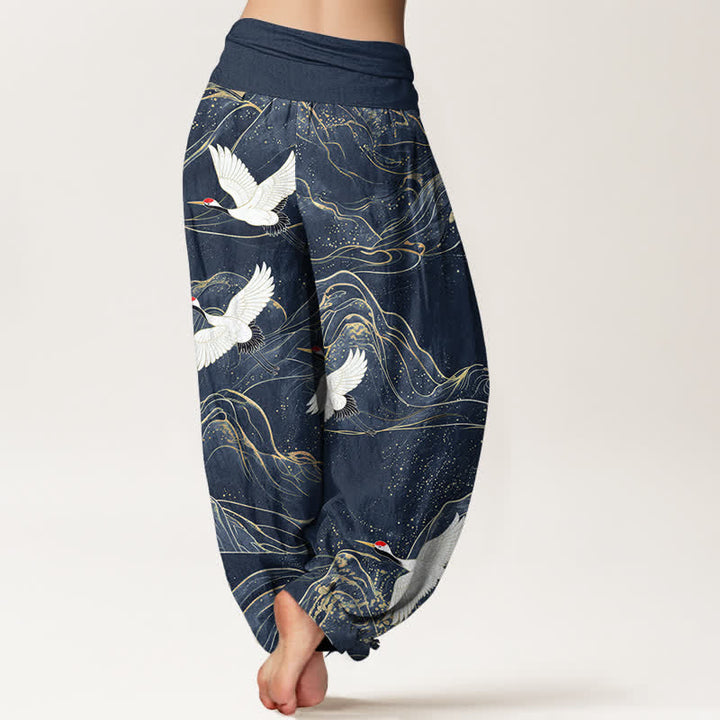 Buddha Stones Cotton Oriental Crane Mountain Pattern Women's Elastic Waist Harem Pants - image 10