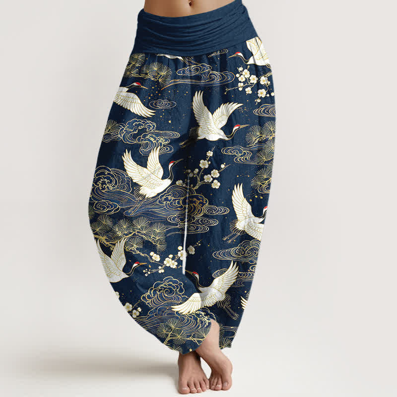 Buddha Stones Cotton Oriental Crane Floral Pattern Women's Elastic Waist Harem Pants - Navy - US16，UK/AU20，EU48 (3XL) - image 0