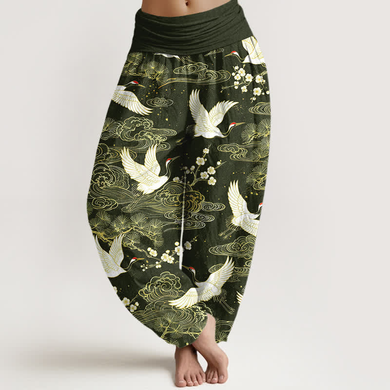 Buddha Stones Cotton Oriental Crane Floral Pattern Women's Elastic Waist Harem Pants - DarkOliveGreen - US16，UK/AU20，EU48 (3XL) - image 5