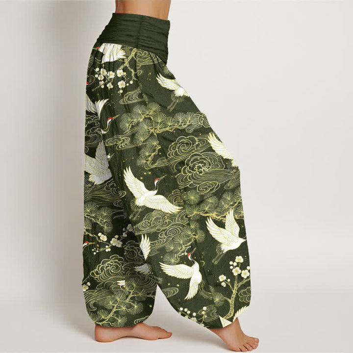 Buddha Stones Cotton Oriental Crane Floral Pattern Women's Elastic Waist Harem Pants - image 6