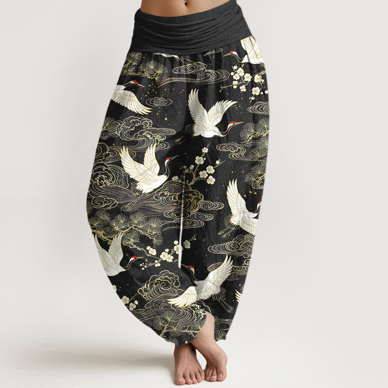 Buddha Stones Cotton Oriental Crane Floral Pattern Women's Elastic Waist Harem Pants - Black - US16，UK/AU20，EU48 (3XL) - image 8