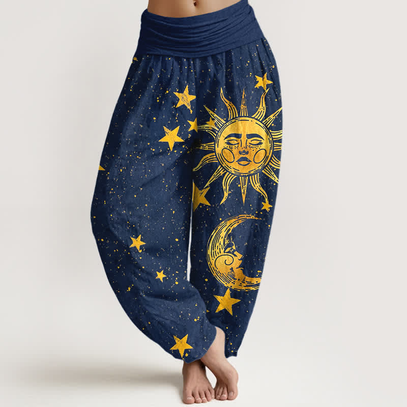 Buddha Stones Cotton Golden Sun Stars Pattern Women's Elastic Waist Harem Pants - Navy - US16，UK/AU20，EU48 (3XL) - image 0