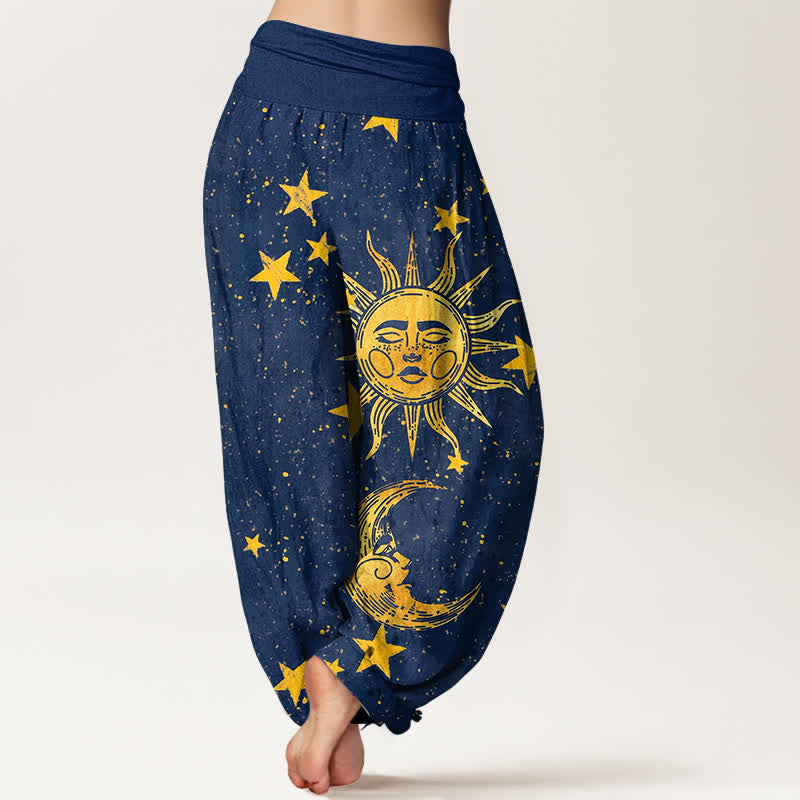 Buddha Stones Cotton Golden Sun Stars Pattern Women's Elastic Waist Harem Pants - image 1
