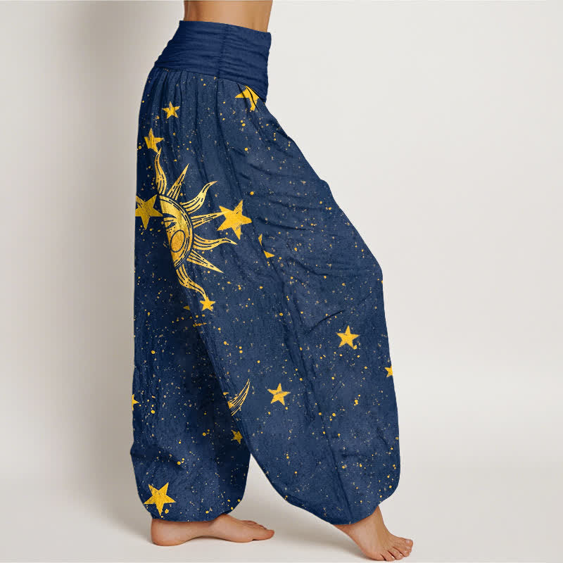 Buddha Stones Cotton Golden Sun Stars Pattern Women's Elastic Waist Harem Pants - image 2