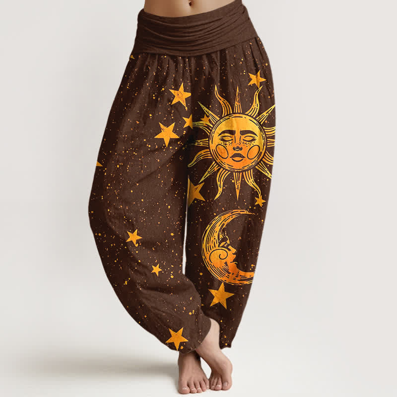 Buddha Stones Cotton Golden Sun Stars Pattern Women's Elastic Waist Harem Pants - SaddleBrown - US16，UK/AU20，EU48 (3XL) - image 8