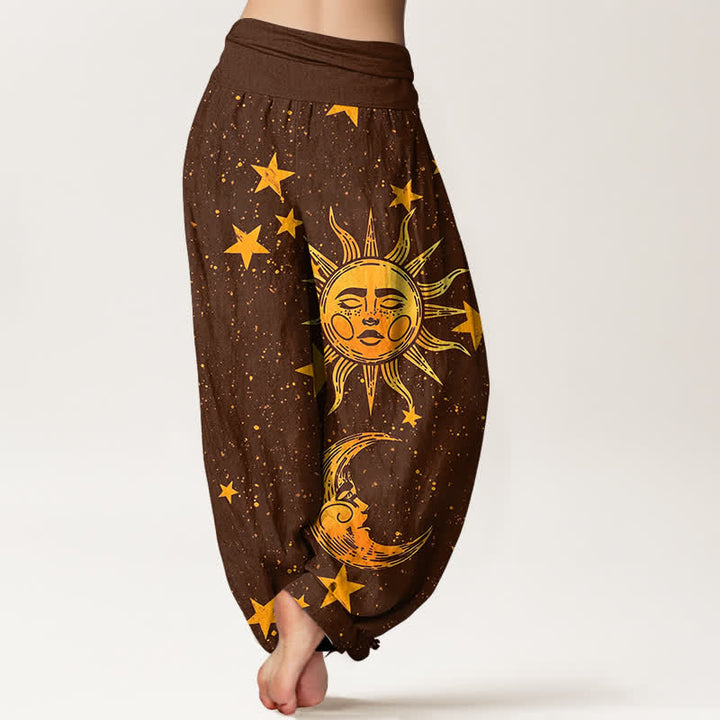 Buddha Stones Cotton Golden Sun Stars Pattern Women's Elastic Waist Harem Pants - image 10