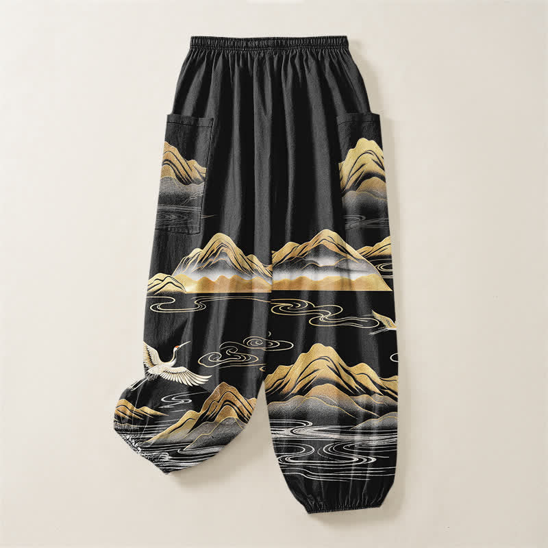 Buddha Stones Cotton Serene Landscape Crane Pattern Women's Elastic Waist Harem Pants With Side Pockets - image 4