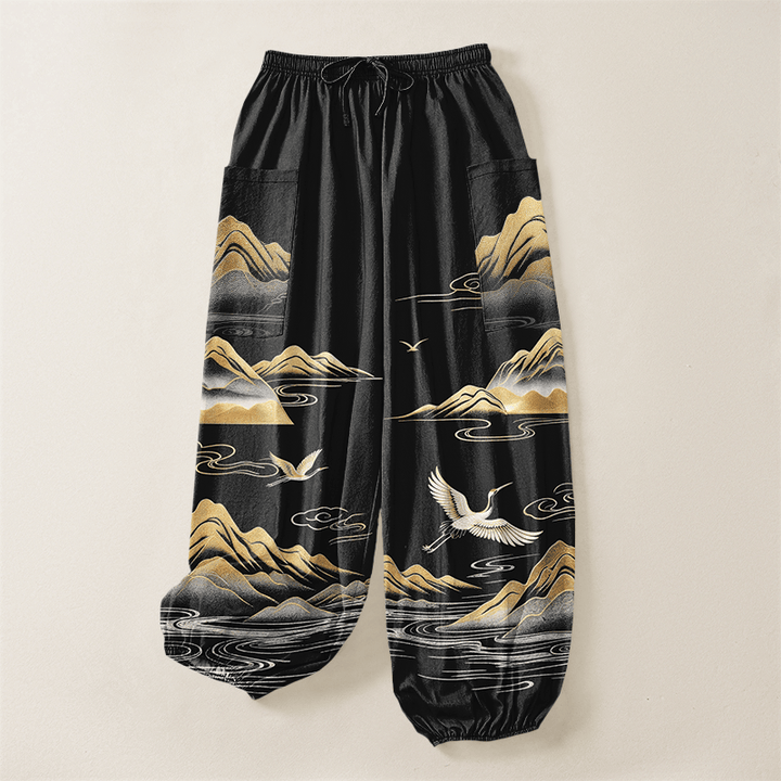 Buddha Stones Cotton Serene Landscape Crane Pattern Women's Elastic Waist Harem Pants With Side Pockets - image 3