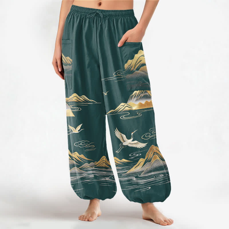 Buddha Stones Cotton Serene Landscape Crane Pattern Women's Elastic Waist Harem Pants With Side Pockets - Teal - US16，UK/AU20，EU48 (3XL) - image 10