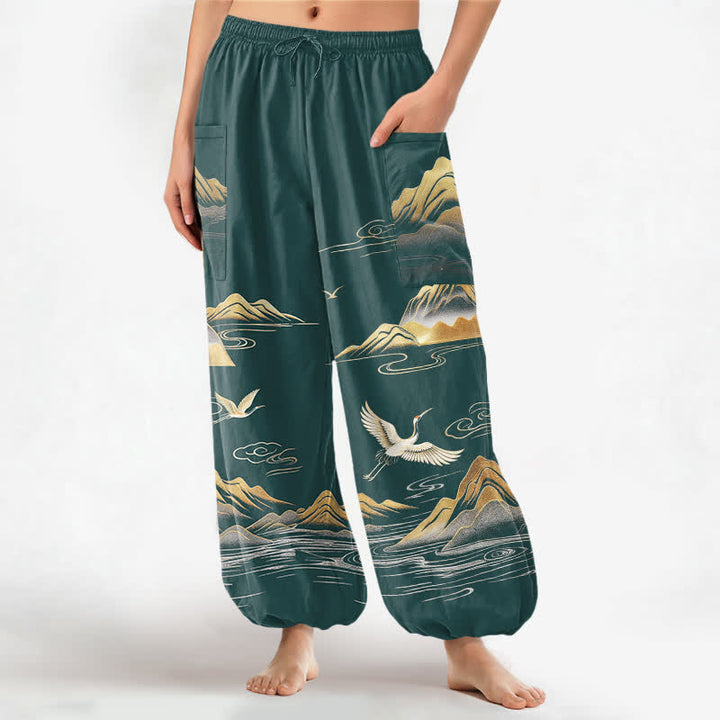 Buddha Stones Cotton Serene Landscape Crane Pattern Women's Elastic Waist Harem Pants With Side Pockets - Teal - US16，UK/AU20，EU48 (3XL) - image 10