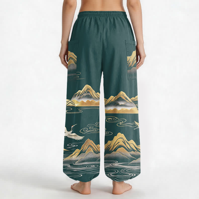 Buddha Stones Cotton Serene Landscape Crane Pattern Women's Elastic Waist Harem Pants With Side Pockets - image 12