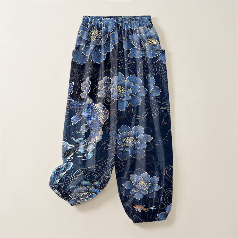 Buddha Stones Cotton Artistic Koi Peony Pattern Women's Elastic Waist Harem Pants With Side Pockets - image 4