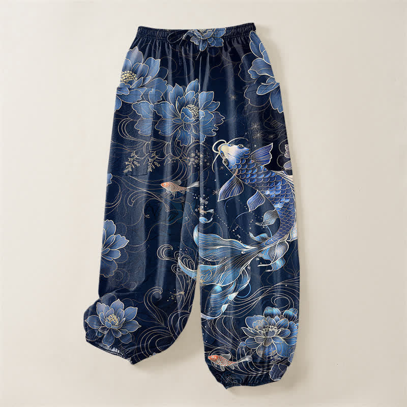 Buddha Stones Cotton Artistic Koi Peony Pattern Women's Elastic Waist Harem Pants With Side Pockets - image 3