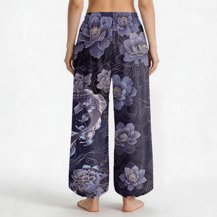Buddha Stones Cotton Artistic Koi Peony Pattern Women's Elastic Waist Harem Pants With Side Pockets - image 12