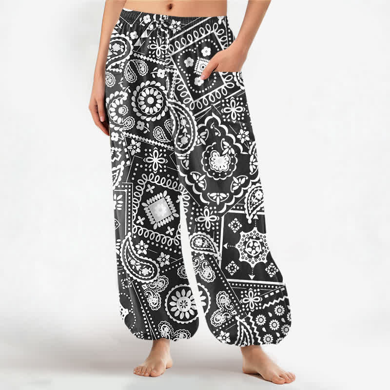 Buddha Stones Cotton Bohemian Paisley Bandana Pattern Women's Elastic Waist Harem Pants With Side Pockets - Black - US16，UK/AU20，EU48 (3XL) - image 0