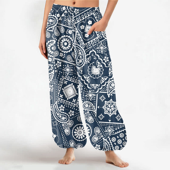 Buddha Stones Cotton Bohemian Paisley Bandana Pattern Women's Elastic Waist Harem Pants With Side Pockets - Navy - US16，UK/AU20，EU48 (3XL) - image 7