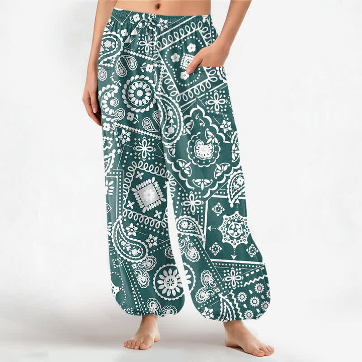 Buddha Stones Cotton Bohemian Paisley Bandana Pattern Women's Elastic Waist Harem Pants With Side Pockets - Teal - US16，UK/AU20，EU48 (3XL) - image 10