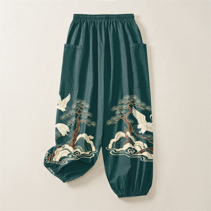 Buddha Stones Cotton Oriental Crane Pine Pattern Women's Elastic Waist Harem Pants With Side Pockets - image 4