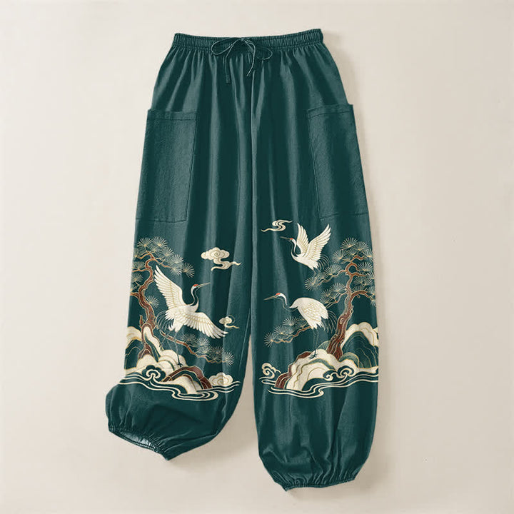 Buddha Stones Cotton Oriental Crane Pine Pattern Women's Elastic Waist Harem Pants With Side Pockets - image 3