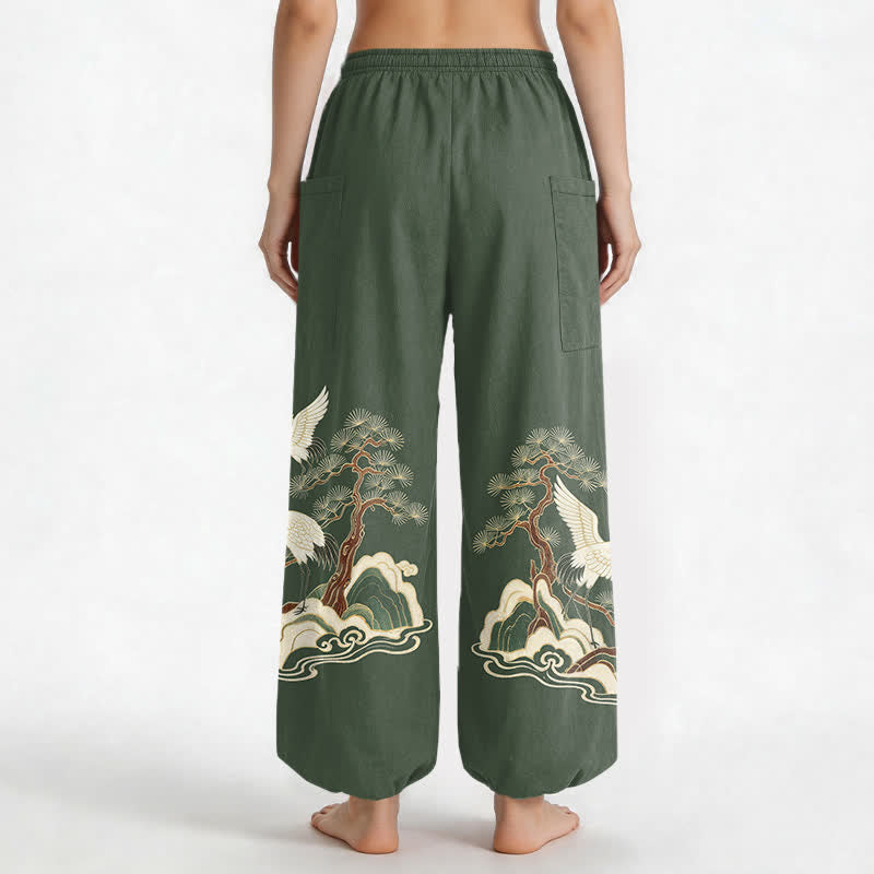 Buddha Stones Cotton Oriental Crane Pine Pattern Women's Elastic Waist Harem Pants With Side Pockets - image 9