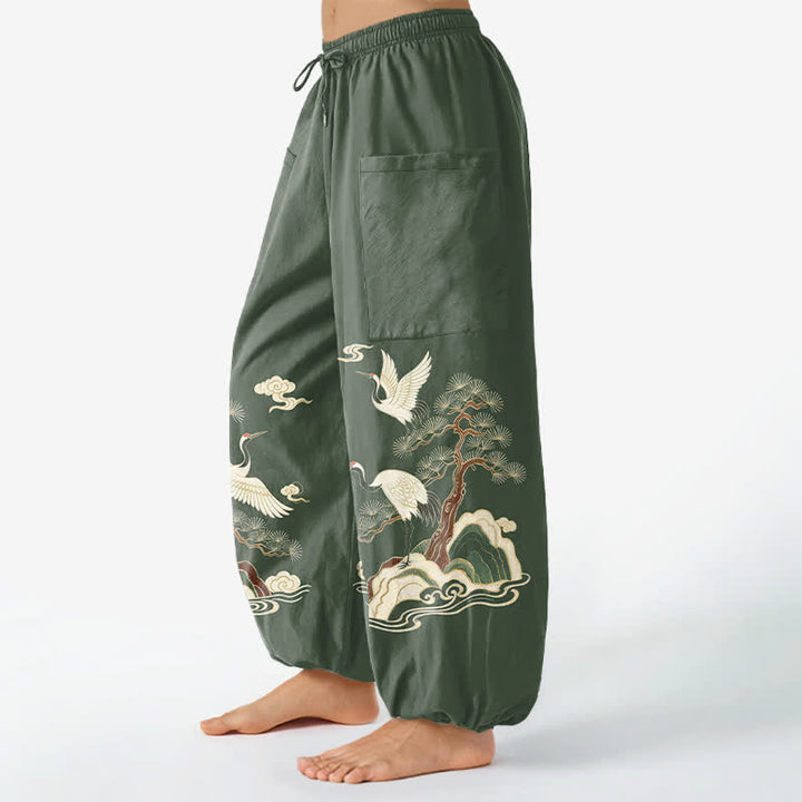 Buddha Stones Cotton Oriental Crane Pine Pattern Women's Elastic Waist Harem Pants With Side Pockets - image 8