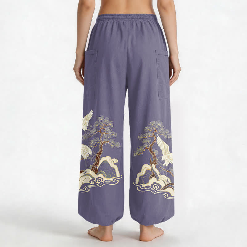 Buddha Stones Cotton Oriental Crane Pine Pattern Women's Elastic Waist Harem Pants With Side Pockets - image 12