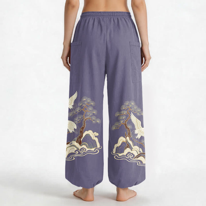 Buddha Stones Cotton Oriental Crane Pine Pattern Women's Elastic Waist Harem Pants With Side Pockets - image 12