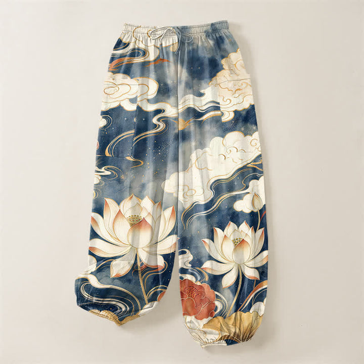 Buddha Stones Cotton Oriental Lotus Cloud Pattern Women's Elastic Waist Harem Pants With Side Pockets - image 3