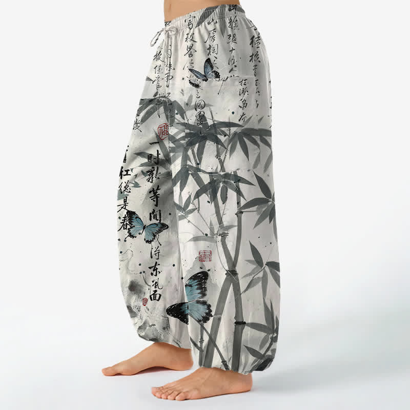 Buddha Stones Cotton Ink Bamboo Butterfly Pattern Women's Elastic Waist Harem Pants With Side Pockets - image 1