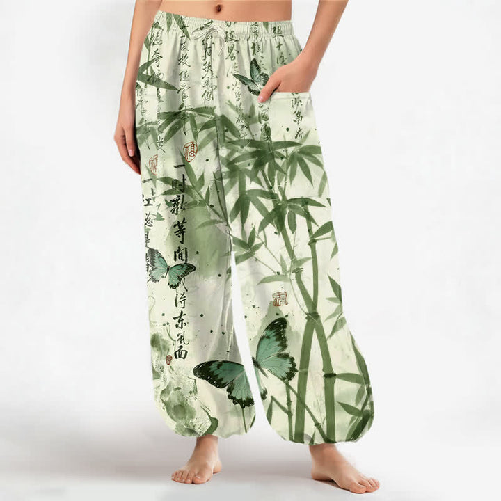 Buddha Stones Cotton Ink Bamboo Butterfly Pattern Women's Elastic Waist Harem Pants With Side Pockets - Honeydew - US16，UK/AU20，EU48 (3XL) - image 7