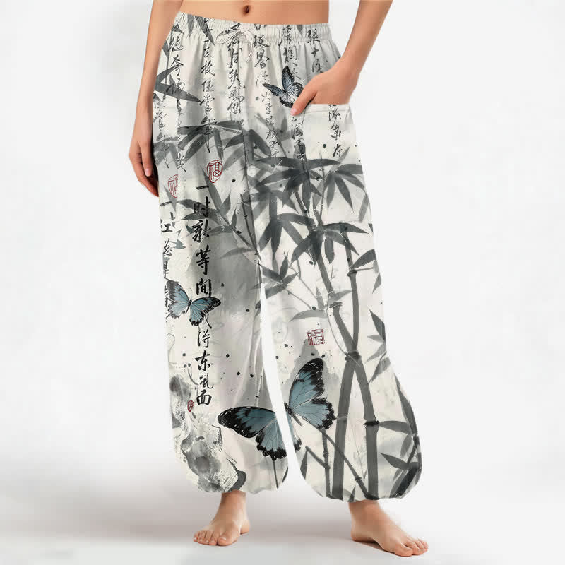 Buddha Stones Cotton Ink Bamboo Butterfly Pattern Women's Elastic Waist Harem Pants With Side Pockets - LightGrey - US16，UK/AU20，EU48 (3XL) - image 0