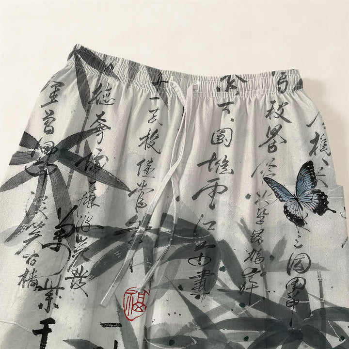 Buddha Stones Cotton Ink Bamboo Butterfly Pattern Women's Elastic Waist Harem Pants With Side Pockets - image 5