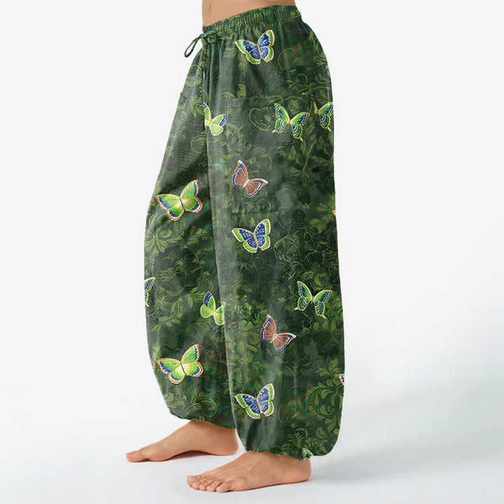 Buddha Stones Cotton Nature Inspired Butterfly Foliage Pattern Women's Elastic Waist Harem Pants With Side Pockets - image 1
