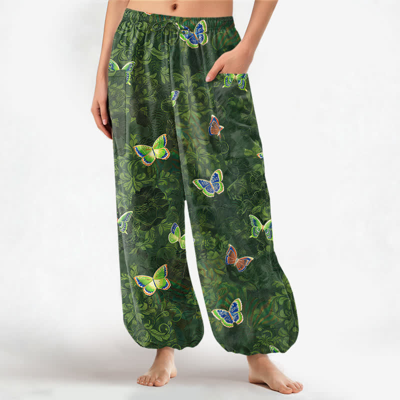 Buddha Stones Cotton Nature Inspired Butterfly Foliage Pattern Women's Elastic Waist Harem Pants With Side Pockets - ForestGreen - US16，UK/AU20，EU48 (3XL) - image 0