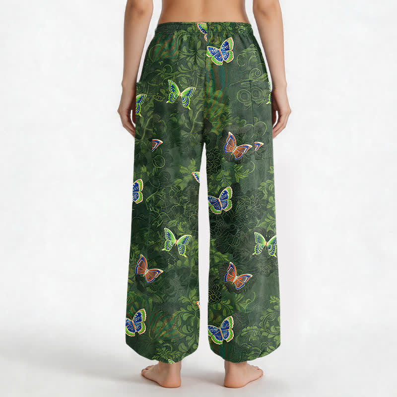 Buddha Stones Cotton Nature Inspired Butterfly Foliage Pattern Women's Elastic Waist Harem Pants With Side Pockets - image 2