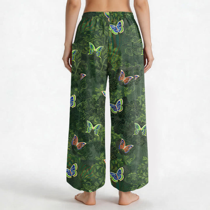Buddha Stones Cotton Nature Inspired Butterfly Foliage Pattern Women's Elastic Waist Harem Pants With Side Pockets - image 2