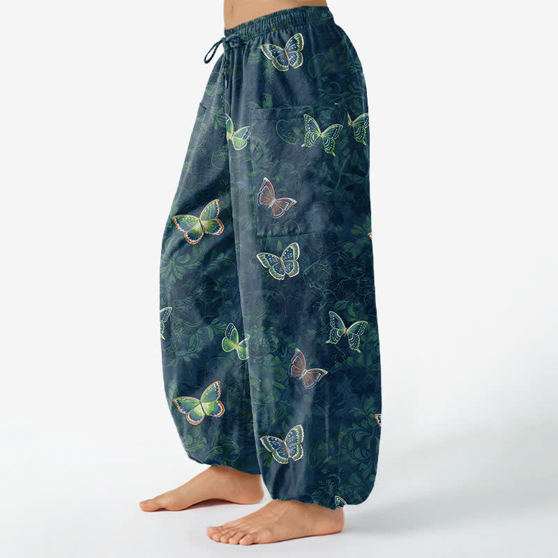 Buddha Stones Cotton Nature Inspired Butterfly Foliage Pattern Women's Elastic Waist Harem Pants With Side Pockets - image 8