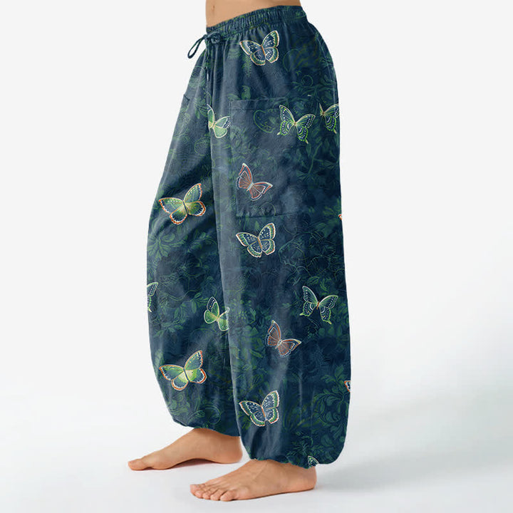 Buddha Stones Cotton Nature Inspired Butterfly Foliage Pattern Women's Elastic Waist Harem Pants With Side Pockets - image 8
