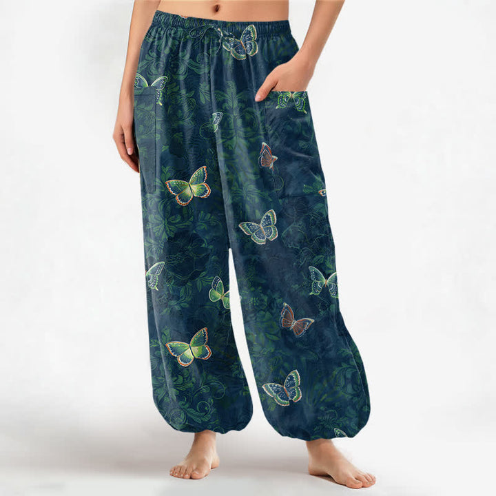 Buddha Stones Cotton Nature Inspired Butterfly Foliage Pattern Women's Elastic Waist Harem Pants With Side Pockets - Teal - US16，UK/AU20，EU48 (3XL) - image 7