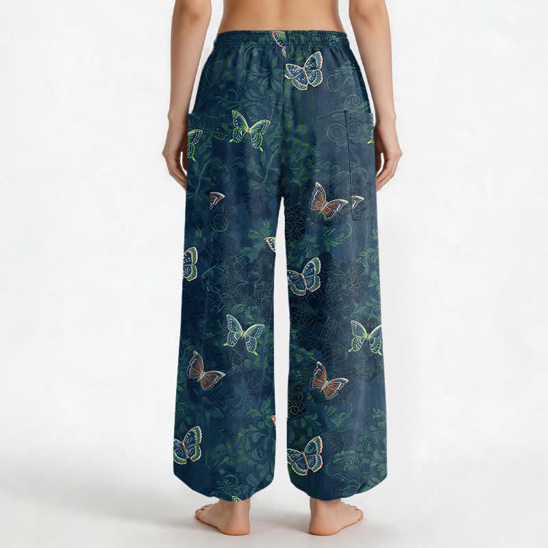 Buddha Stones Cotton Nature Inspired Butterfly Foliage Pattern Women's Elastic Waist Harem Pants With Side Pockets - image 9