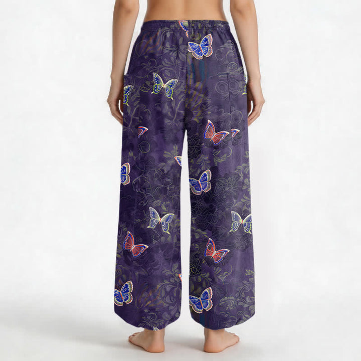 Buddha Stones Cotton Nature Inspired Butterfly Foliage Pattern Women's Elastic Waist Harem Pants With Side Pockets - image 12