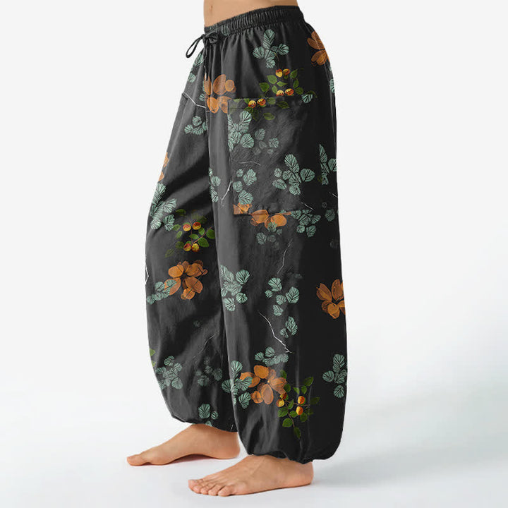 Buddha Stones Cotton Bohemian Botanical Floral Pattern Women's Elastic Waist Harem Pants With Side Pockets - image 1