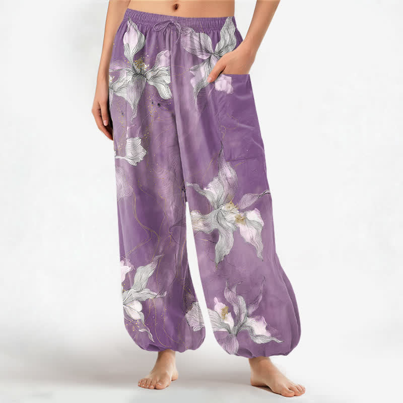 Buddha Stones Cotton Vintage White Floral Pattern Women's Elastic Waist Harem Pants With Side Pockets - MediumOrchid - US16，UK/AU20，EU48 (3XL) - image 0