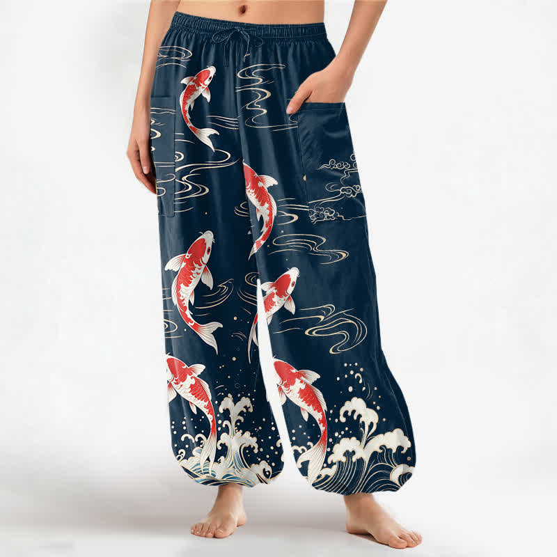Buddha Stones Cotton Ocean Wave Koi Pattern Women's Elastic Waist Harem Pants With Side Pockets - Navy - US16，UK/AU20，EU48 (3XL) - image 0
