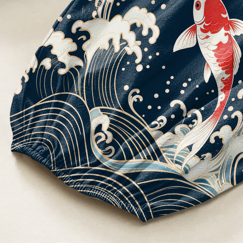 Buddha Stones Cotton Ocean Wave Koi Pattern Women's Elastic Waist Harem Pants With Side Pockets - image 6