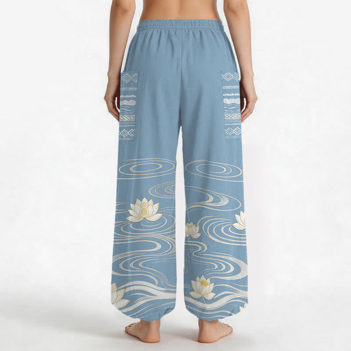 Buddha Stones Cotton Lotus Ripple Pattern Women's Elastic Waist Harem Pants With Side Pockets - image 2