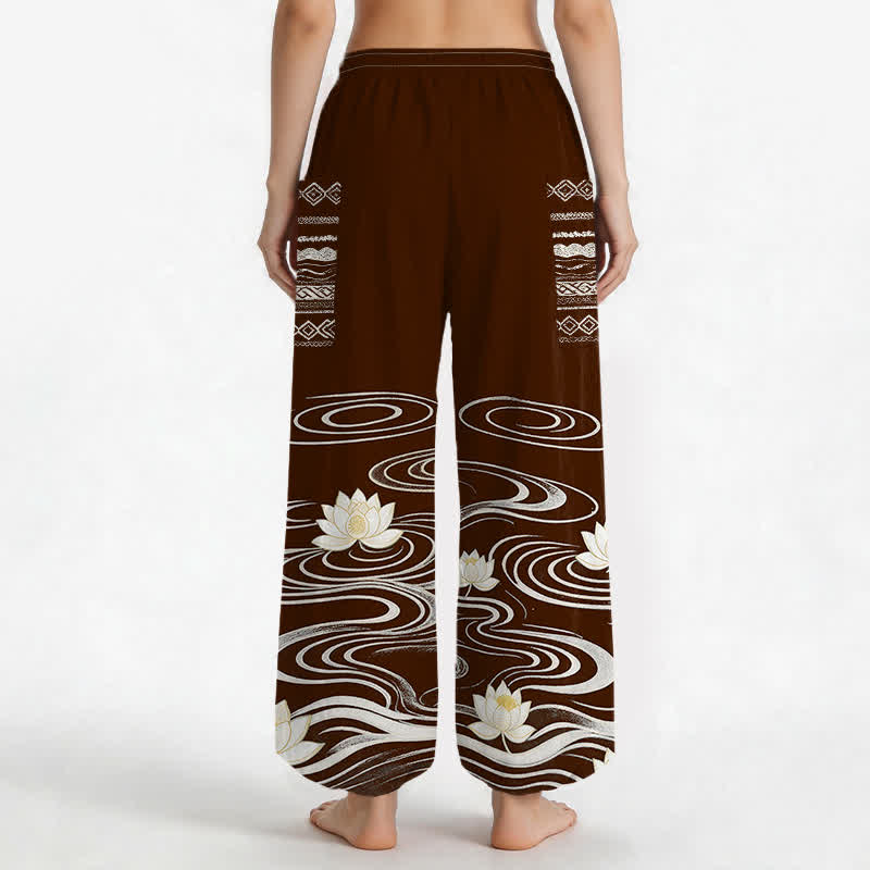 Buddha Stones Cotton Lotus Ripple Pattern Women's Elastic Waist Harem Pants With Side Pockets - image 9