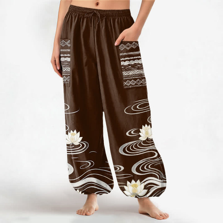 Buddha Stones Cotton Lotus Ripple Pattern Women's Elastic Waist Harem Pants With Side Pockets - SaddleBrown - US16，UK/AU20，EU48 (3XL) - image 7